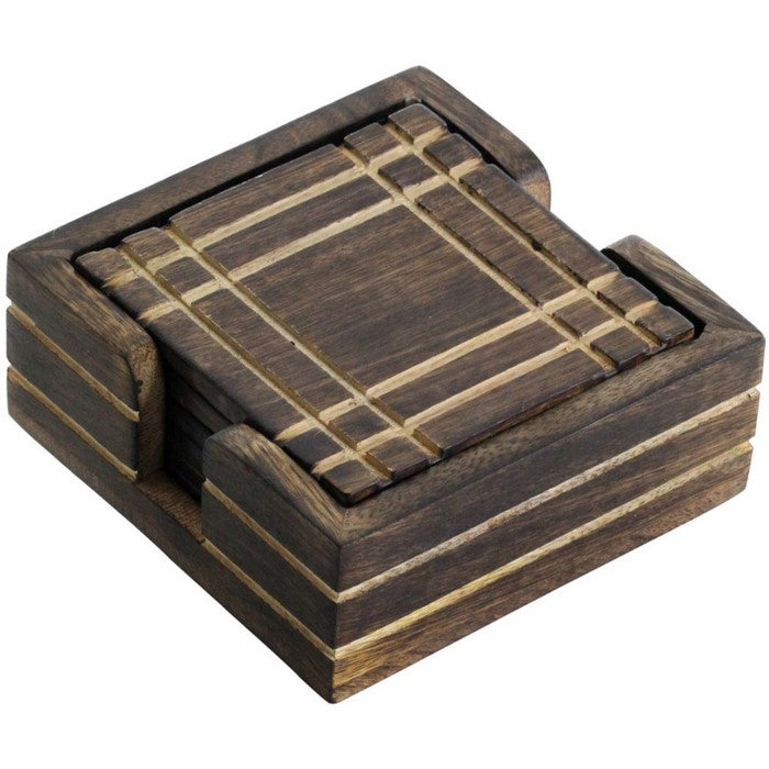 Handmade Criss Cross Design Set of 4 Square Drink Coasters With Holder By Benzara