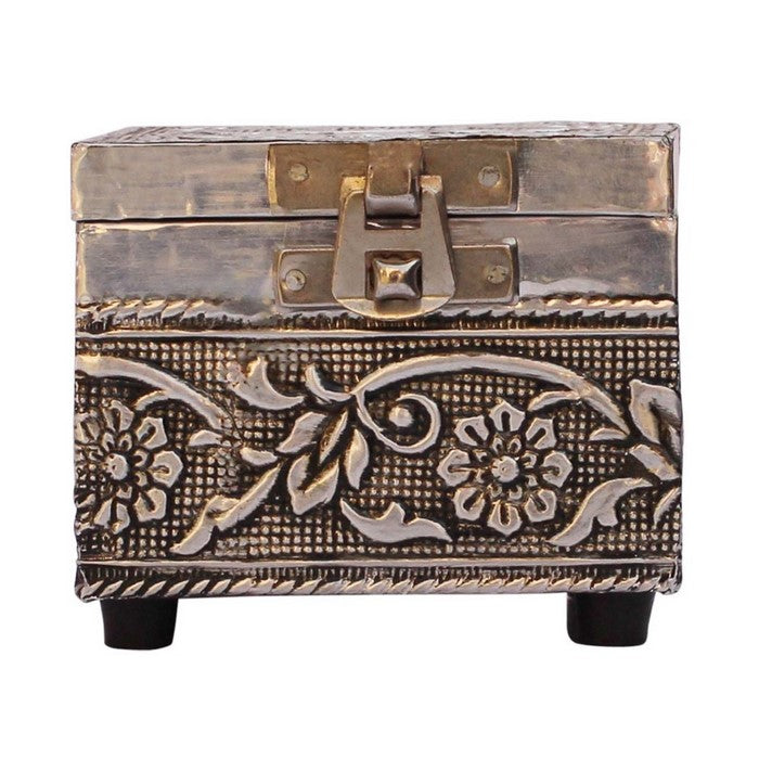 Trunk Shaped Jewelry Box In Compressed Wood With Traditional Motifs By Benzara