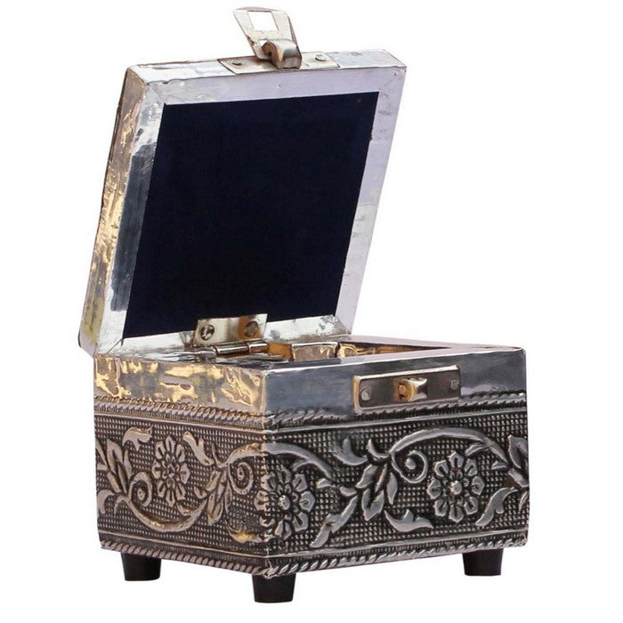 Trunk Shaped Jewelry Box In Compressed Wood With Traditional Motifs By Benzara