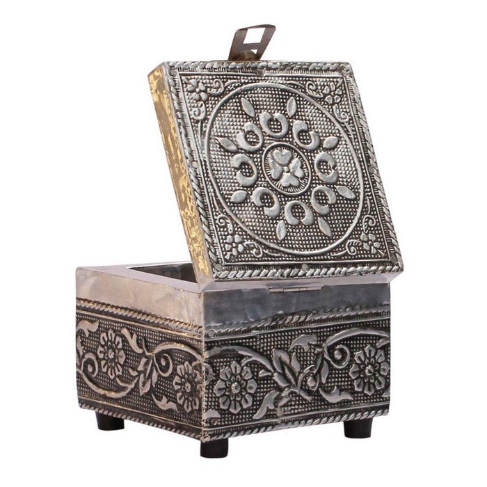 Trunk Shaped Jewelry Box In Compressed Wood With Traditional Motifs By Benzara
