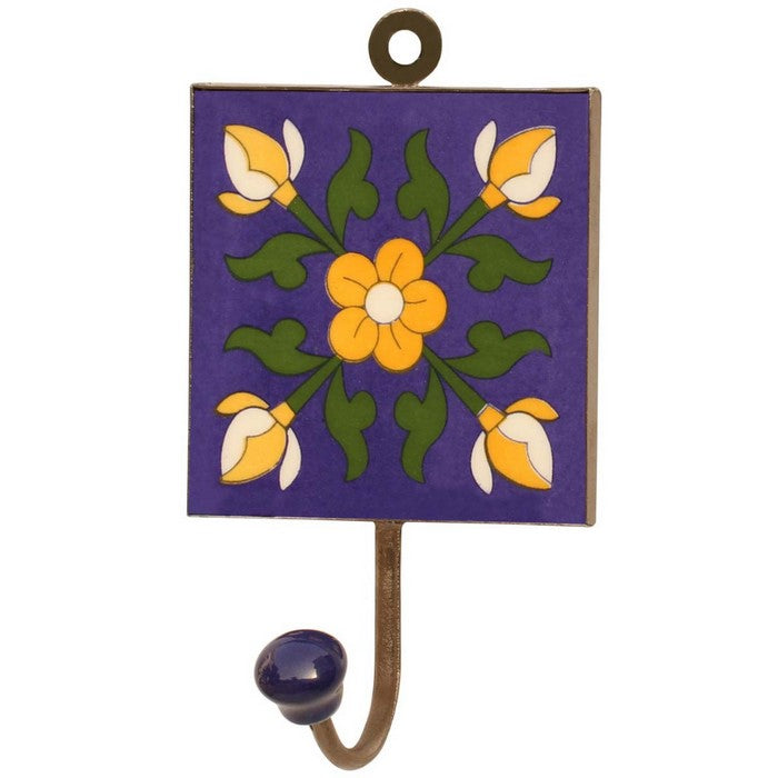 Benzara Ceramic Single Hook Wall Mount With Floral Motifs, Multicolor