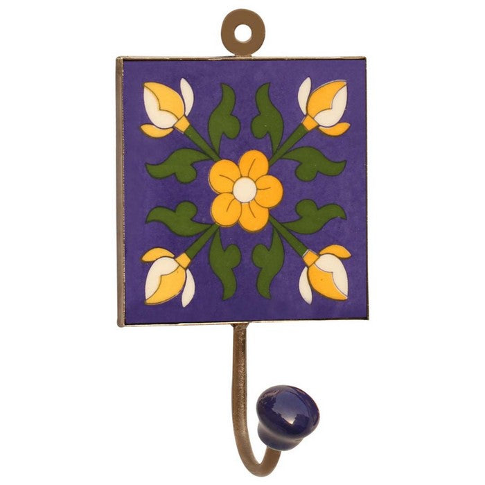 Benzara Ceramic Single Hook Wall Mount With Floral Motifs, Multicolor