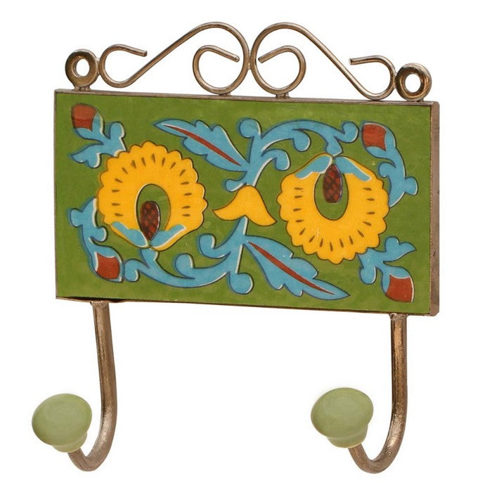 Ceramic Double Wall Hooks Hand Painted Multicolored Floral & Leaf Motifs By Benzara