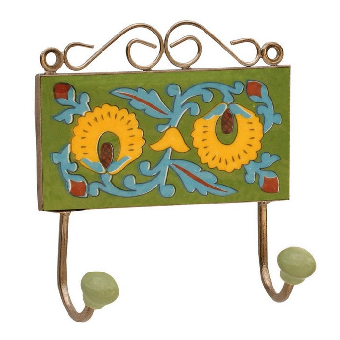 Ceramic Double Wall Hooks Hand Painted Multicolored Floral & Leaf Motifs By Benzara