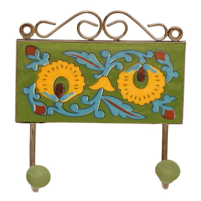 Ceramic Double Wall Hooks Hand Painted Multicolored Floral & Leaf Motifs By Benzara
