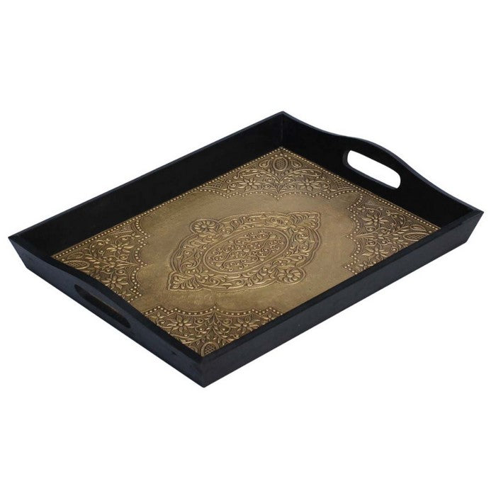 Benzara BrassDecorated Wooden Tray, Black And Gold
