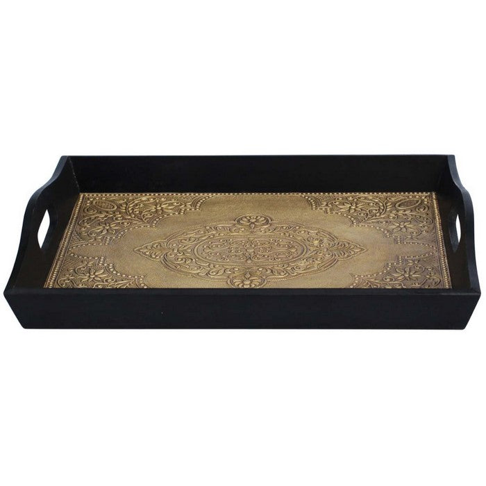 Benzara BrassDecorated Wooden Tray, Black And Gold