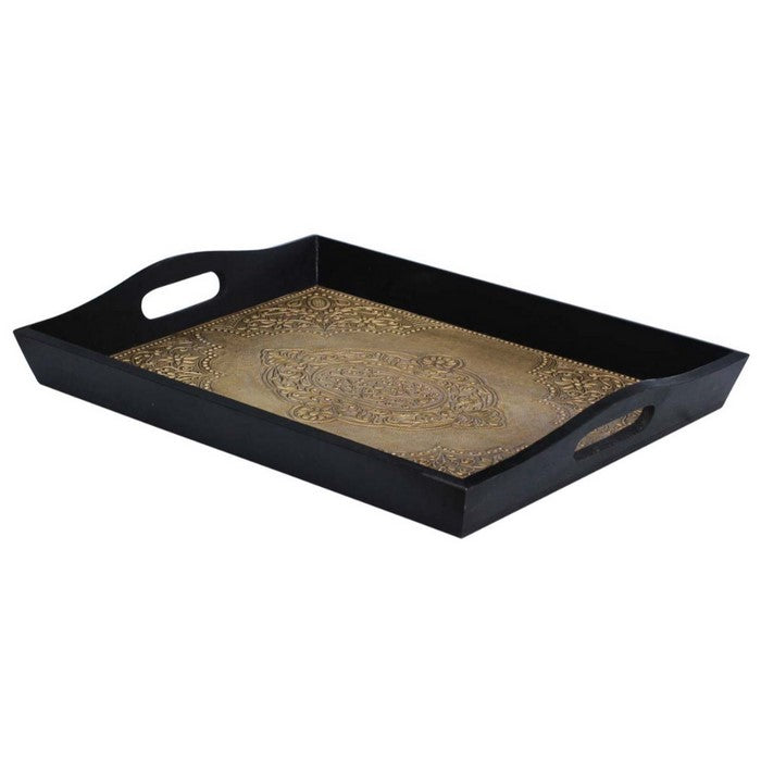 Benzara BrassDecorated Wooden Tray, Black And Gold