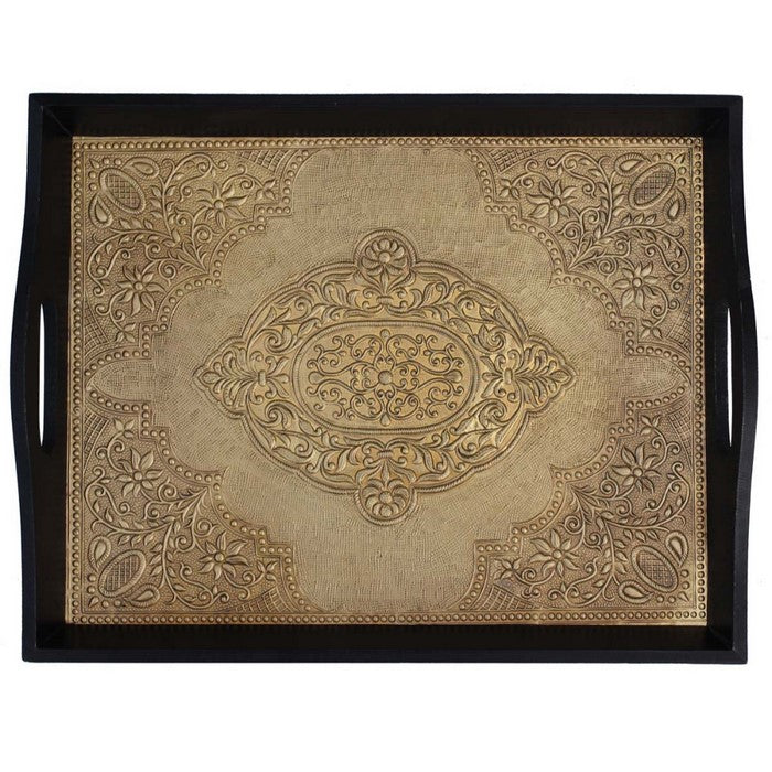 Benzara BrassDecorated Wooden Tray, Black And Gold