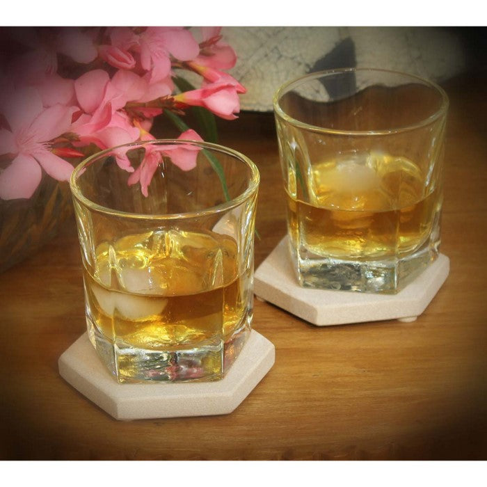 Hexagonal Shaped Sandstone Drink Coasters Set of 2 Natural Benzara Brand