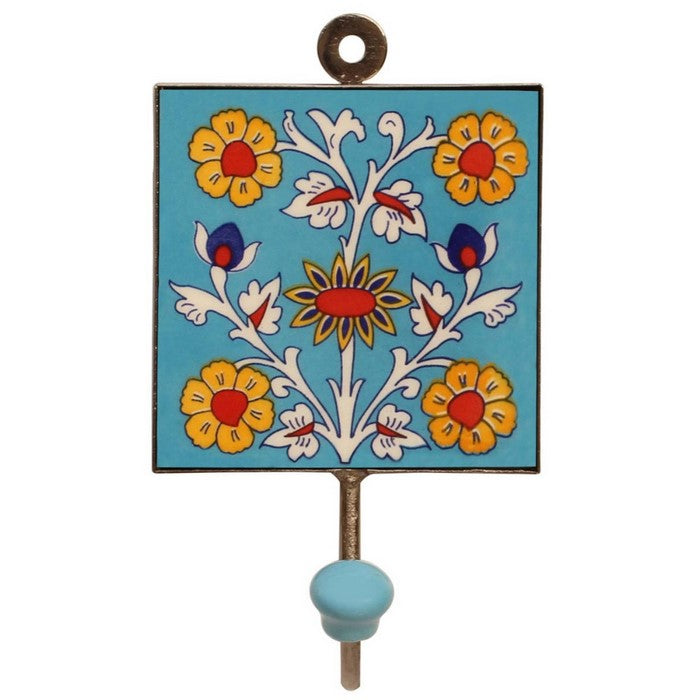 Ceramic And Iron Wall-Hook With Hand Painted Multicolored Floral Motifs By Benzara