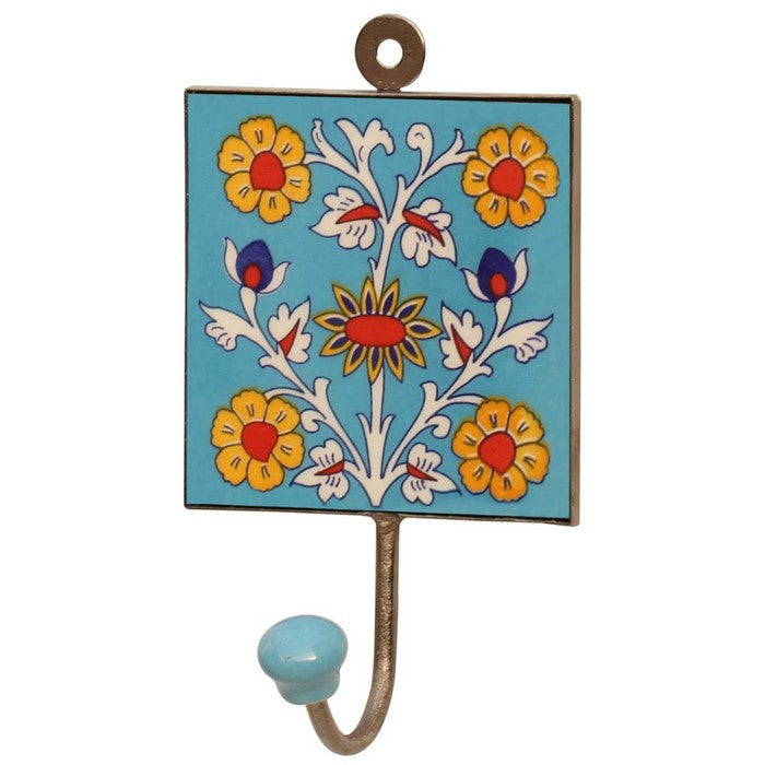 Ceramic And Iron Wall-Hook With Hand Painted Multicolored Floral Motifs By Benzara