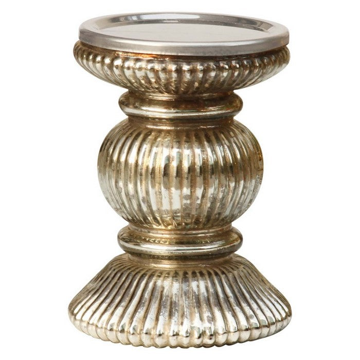 Benzara Handmade Glass Pillar Candle Holder With Ribbed Design, Silver