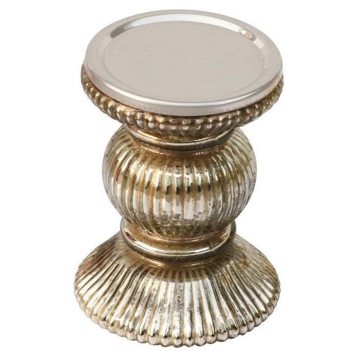 Benzara Handmade Glass Pillar Candle Holder With Ribbed Design, Silver