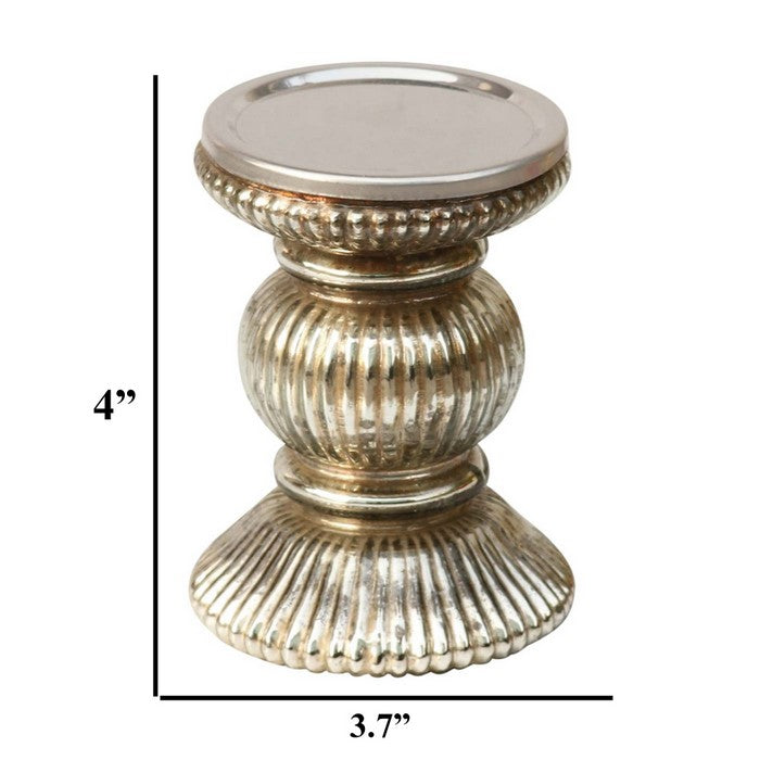 Benzara Handmade Glass Pillar Candle Holder With Ribbed Design, Silver