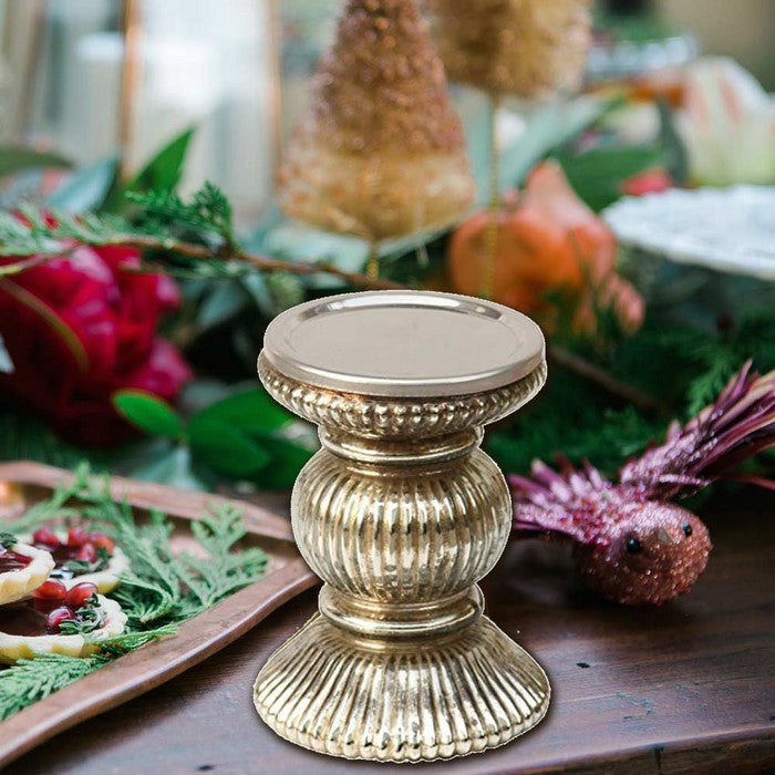 Benzara Handmade Glass Pillar Candle Holder With Ribbed Design, Silver