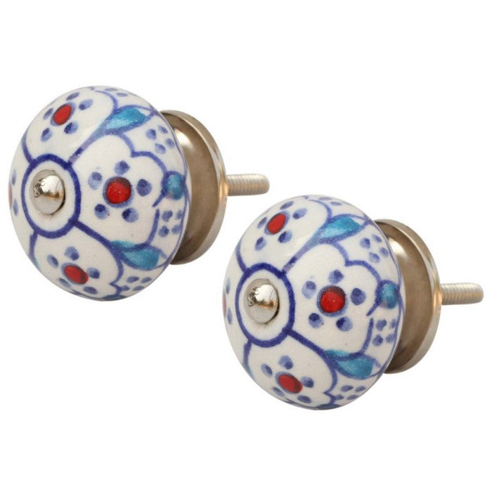 Set Of 2 Round Door Knobs In Ceramic With Hand Painted Floral Motifs By Benzara