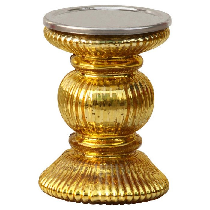 Benzara Handmade Glass Pillar Candle Holder With Ribbed Design, Gold