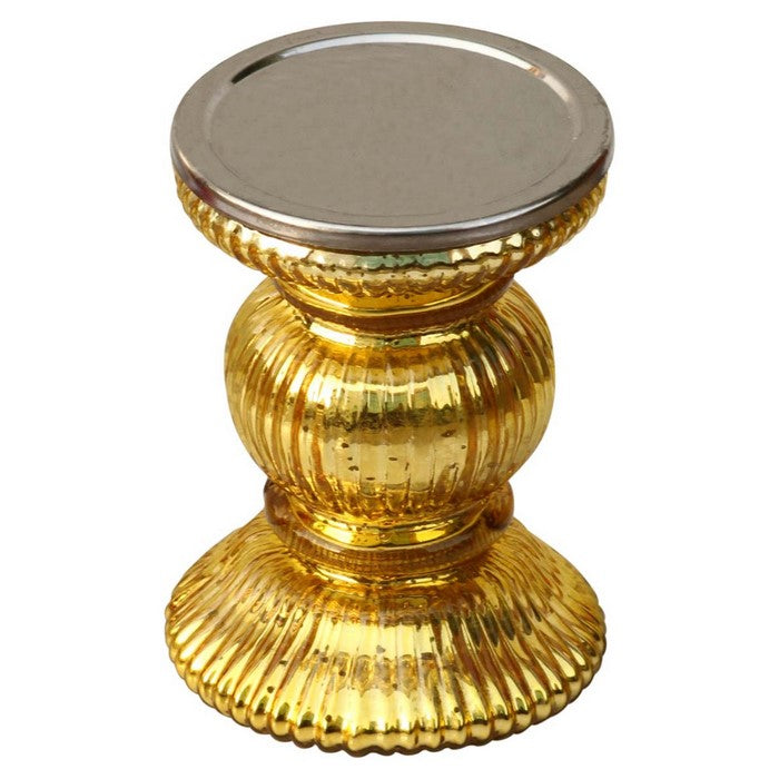 Benzara Handmade Glass Pillar Candle Holder With Ribbed Design, Gold