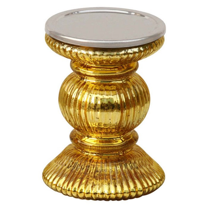 Benzara Handmade Glass Pillar Candle Holder With Ribbed Design, Gold
