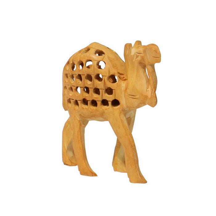 Handmade Wood Open-Work Art Camel Sculpture With Baby Camel Inside By Benzara