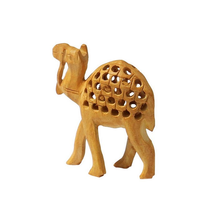 Handmade Wood Open-Work Art Camel Sculpture With Baby Camel Inside By Benzara