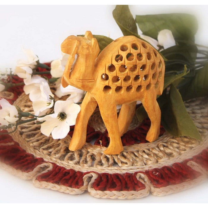 Handmade Wood Open-Work Art Camel Sculpture With Baby Camel Inside By Benzara