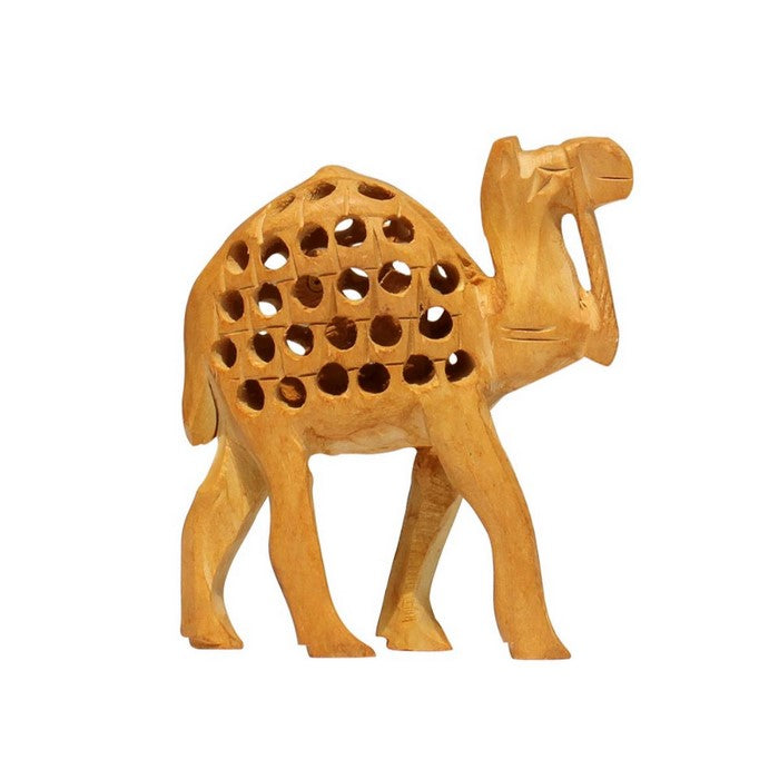 Handmade Wood Open-Work Art Camel Sculpture With Baby Camel Inside By Benzara