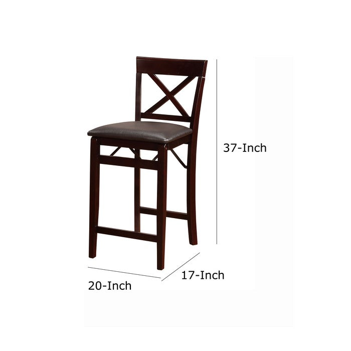Wooden Folding Counter Stool With Cushion Seat and X Shape Back, Brown