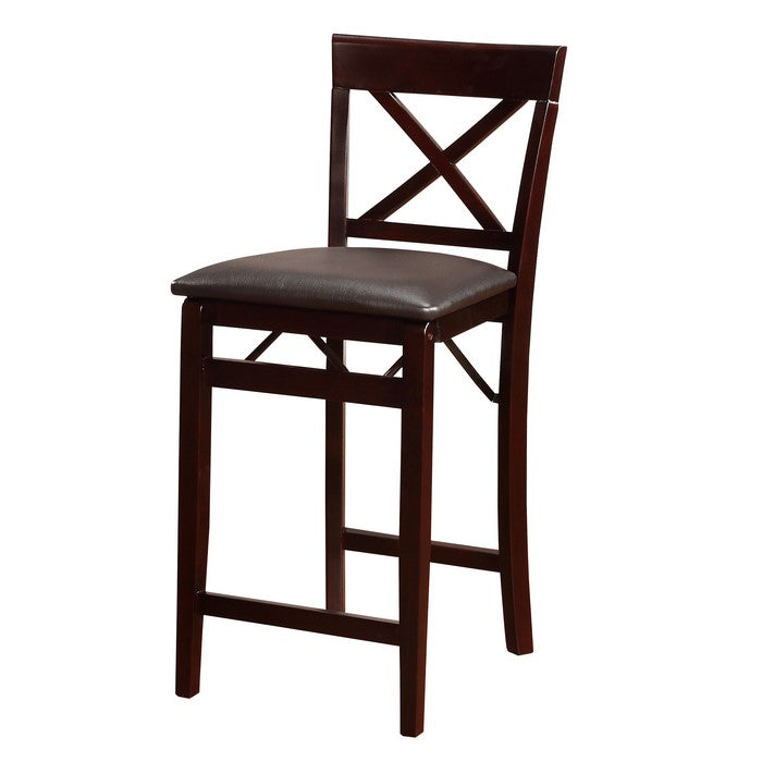 Wooden Folding Counter Stool With Cushion Seat and X Shape Back, Brown