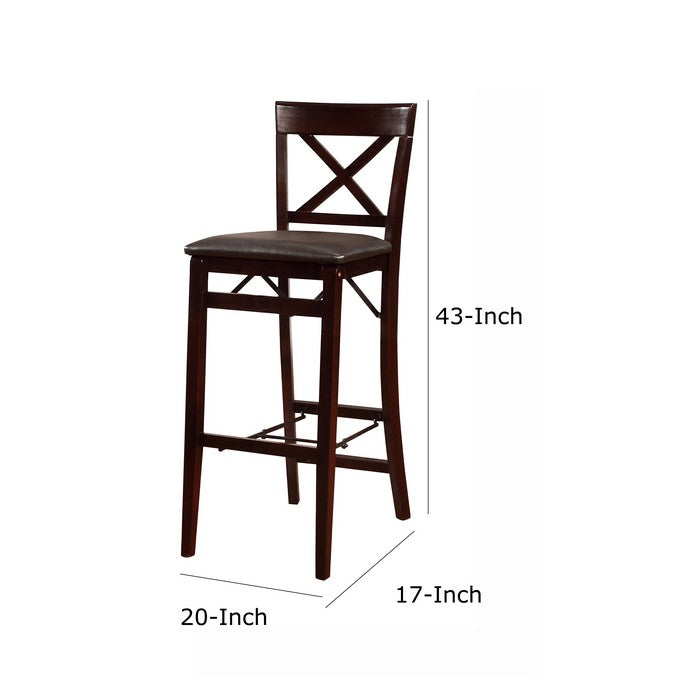 Wooden Folding Bar Stool With Cushion Seat and X Shape Backrest, Brown