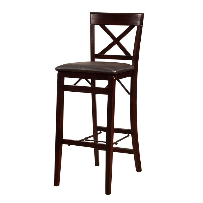 Wooden Folding Bar Stool With Cushion Seat and X Shape Backrest, Brown