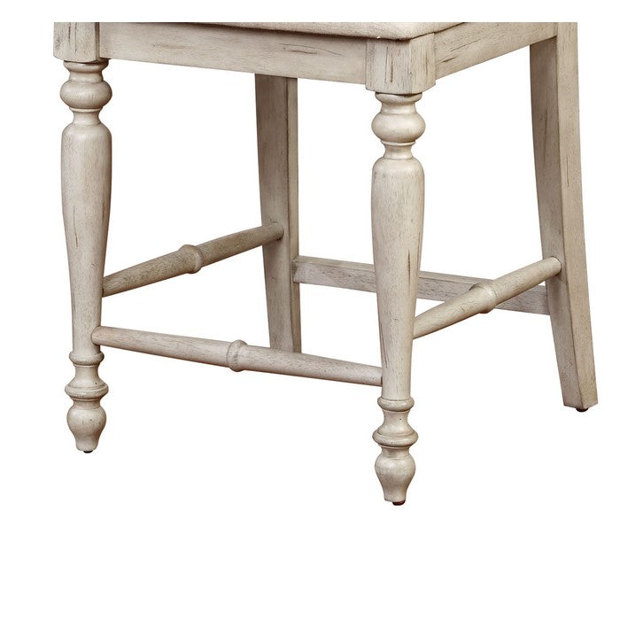 Wooden Counter Stool with Cushioned Seat and Turned Legs, White