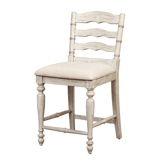 Wooden Counter Stool with Cushioned Seat and Turned Legs, White