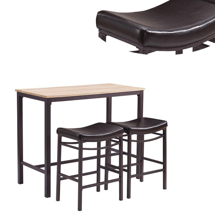 3 Piece Metal and Wood Pub Set with Upholstered Stools,Black and Brown