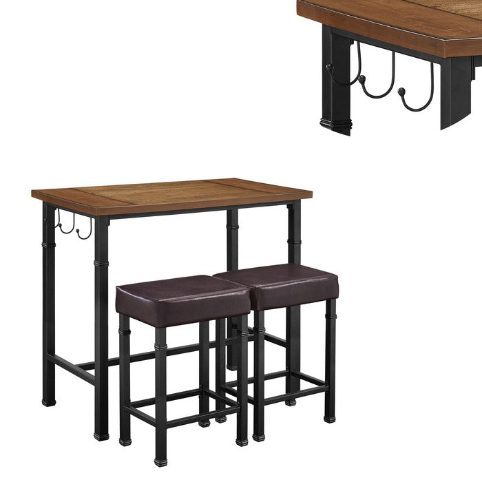 3 Piece Metal and Wood Pub Set with Hook Hangers, Black and Brown