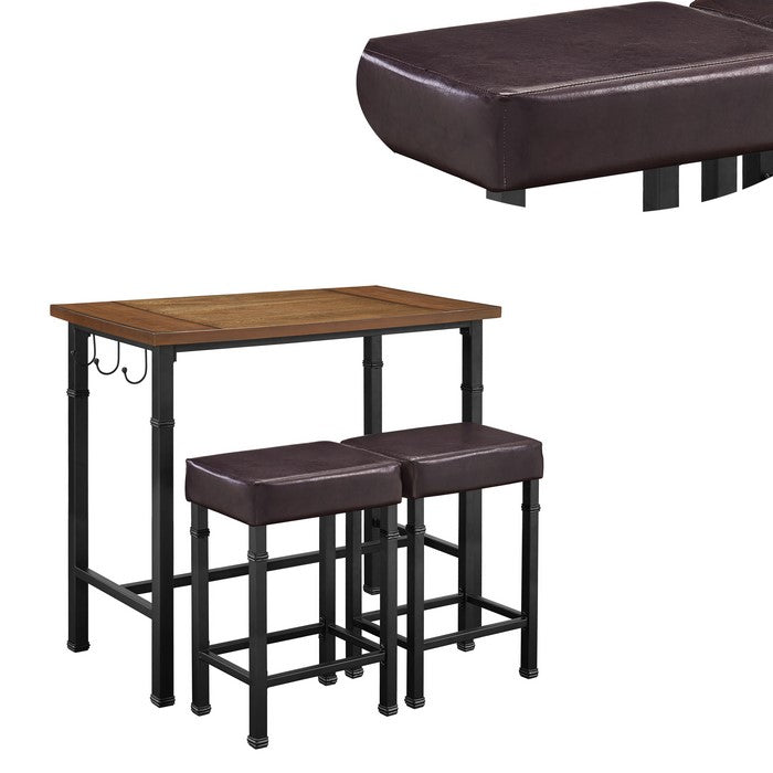 3 Piece Metal and Wood Pub Set with Hook Hangers, Black and Brown
