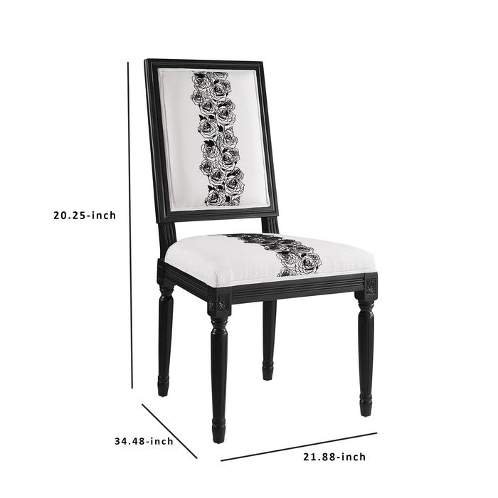 Wooden Chair with Floral Motif Upholstery, Set of 2, Black and White