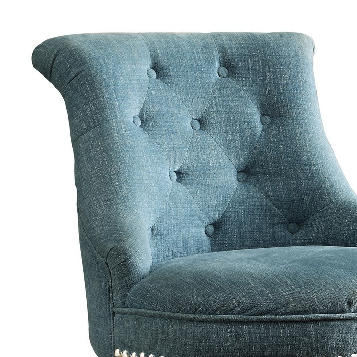 Wooden Swivel Office Chair with Button Tufted Backrest, Blue and Brown