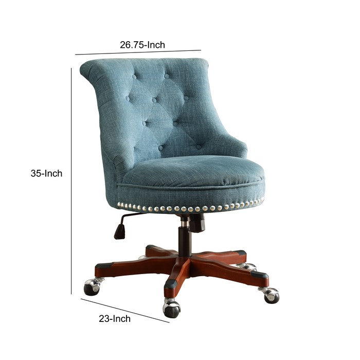 Wooden Swivel Office Chair with Button Tufted Backrest, Blue and Brown