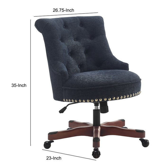 Wooden Office Chair with Button Tufted Backrest, Navy Blue and Brown
