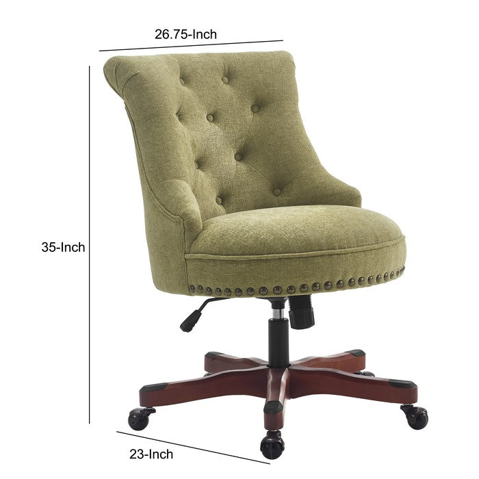 Wooden Office Chair with Button Tufted Backrest, Olive Green and Brown