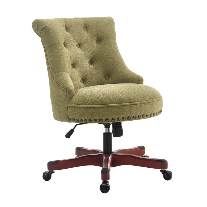 Wooden Office Chair with Button Tufted Backrest, Olive Green and Brown