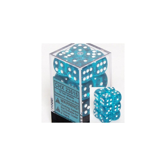 Translucent 16mm d6 Teal w/White Dice Block 12 pipped dice