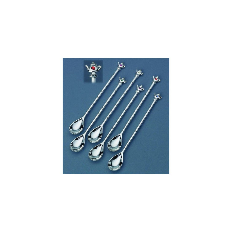 Elegance Silver Set of 6 Teapot Iced Tea Spoons With Crystal