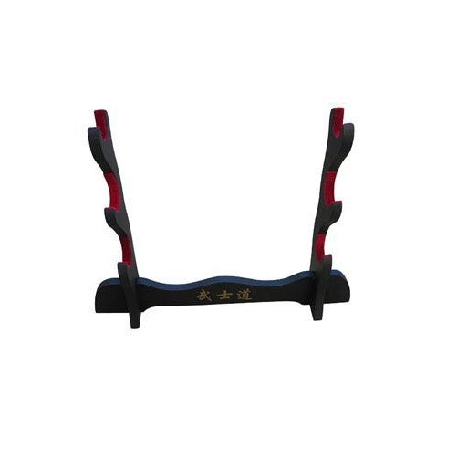 Black Wood 3 Tier Table Swords Stand for Katana and Wakizashi, Bushido Kanji Printed Front, Red Felt on the Arches, Sword Table Display Holder