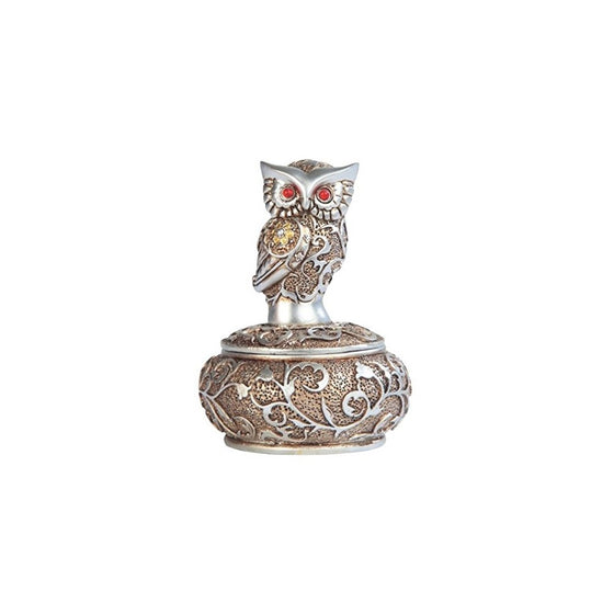 George S. Chen Imports SS-G-54365, 4 Inch Silver and Bronze Owl with Red Gems Trinket Box