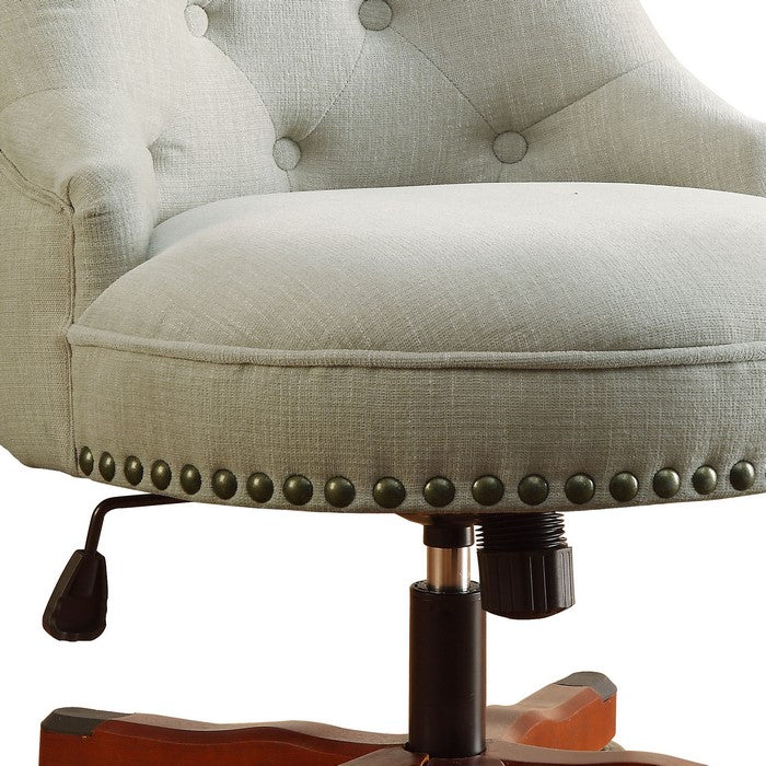 Wooden Office Chair with Button Tufted Backrest, White and Brown