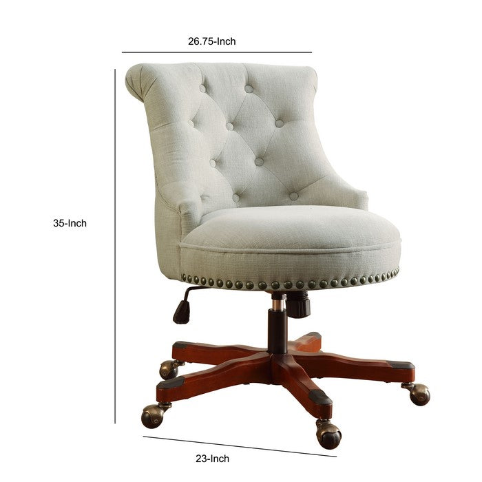 Wooden Office Chair with Button Tufted Backrest, White and Brown