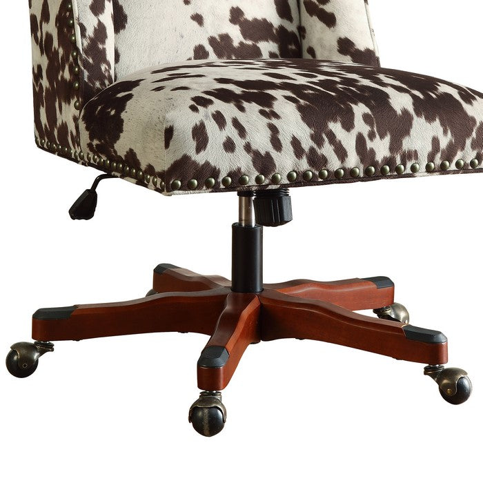 Height Adjustable Swivel Office Chair with Wood Base, Brown and White